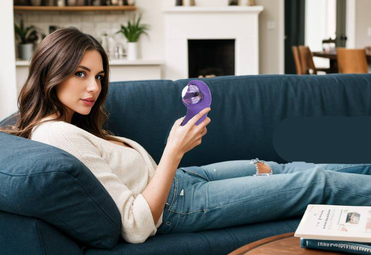 A woman sits on a couch holding a purple silicone vibrator.