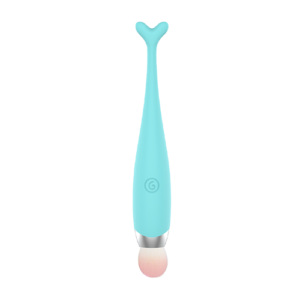 A sleek, teal blue clitoral vibrator with a curved handle and a soft, rounded tip